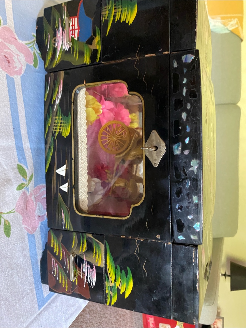 Vintage Black Hand-Painted Lacquer Jewelry Box with Floral Accent
